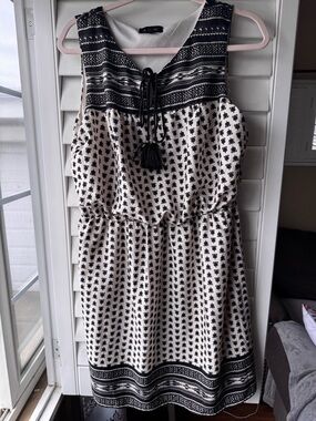 AUW Cream and Black Printed Boho Top with Tassel Tie